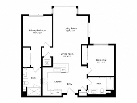 Floor plan for 2 beds, 2 baths, 1128 sqft